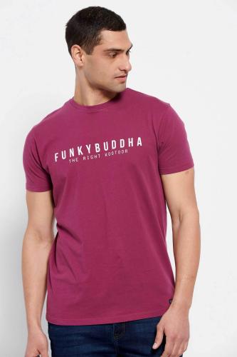 Funky Buddha ανδρικό βαμβακερό T-shirt μονόχρωμο με logo print και patch μπροστά - FBM007-329-04 Βυσσινί
